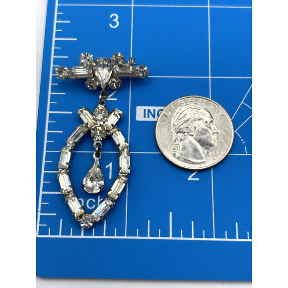 VTG Rhinestone Brooch Dangle Teardrops Silver Tone Sparkles - Picture 6 of 10